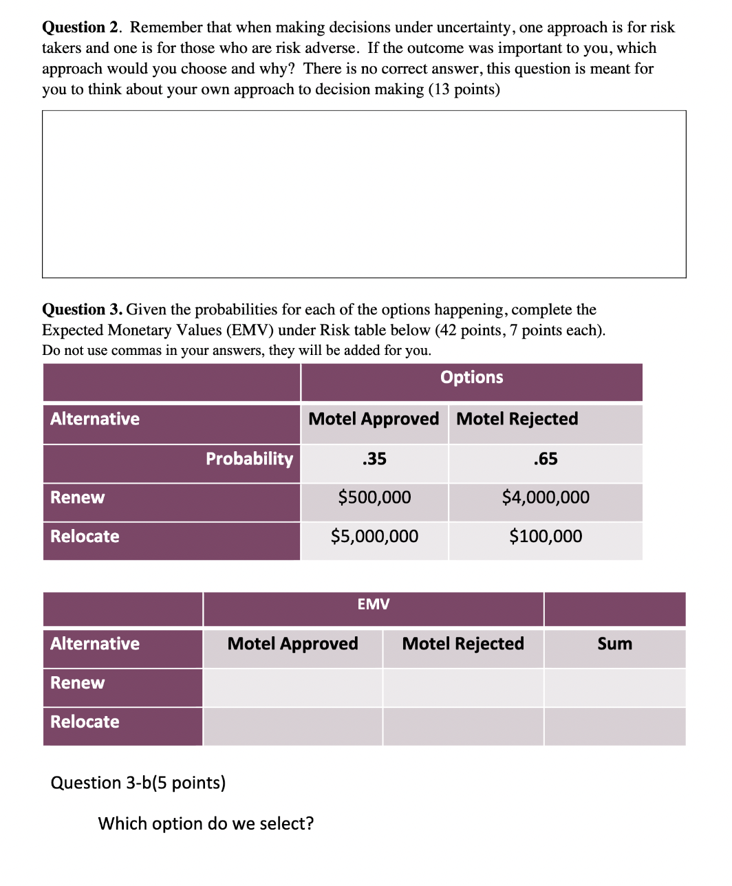 Question 2. Remember that when making decisions under uncertainty, one approach