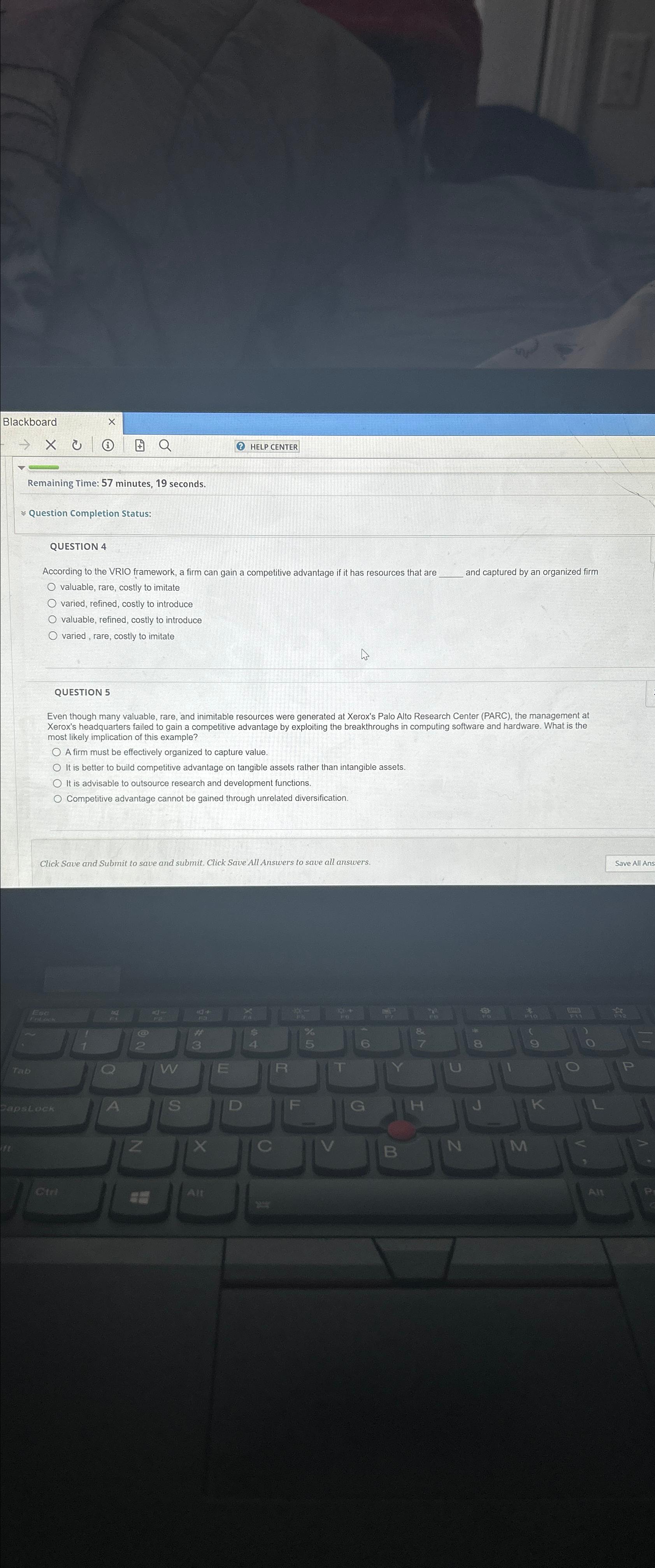  Blackboard x (1)Q (3) HELP CENTER Remaining Time: 57 minutes, 19