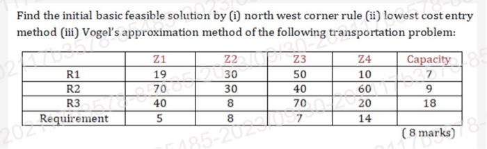  Find the initial basic feasible solution by (i) north west corner