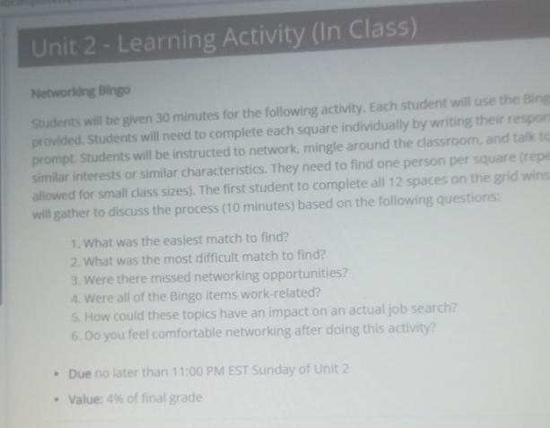  Unit 2- Learning Activity (In Class) Neworitars Binge Students will be