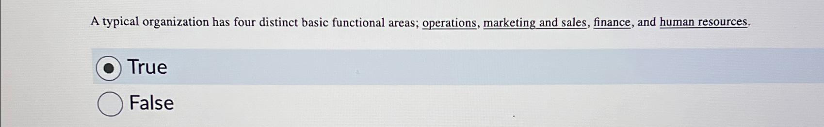  A typical organization has four distinct basic functional areas; operations, marketing