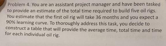 Problem 4. You are an assistant project manager and have been