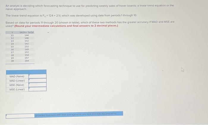  An analyst is deciding which forecasting technique to use for predicting
