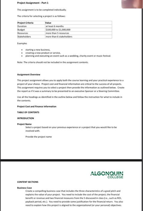  Project Assignment - Part 1 This assignment is to be completed