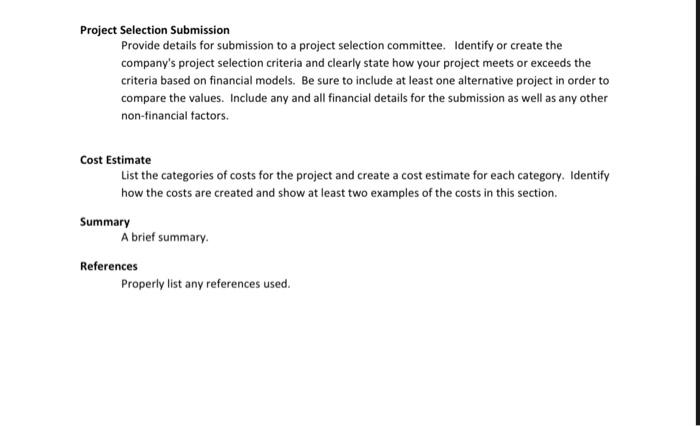 individually. The criteria for selecting a project is as follows: Examples -