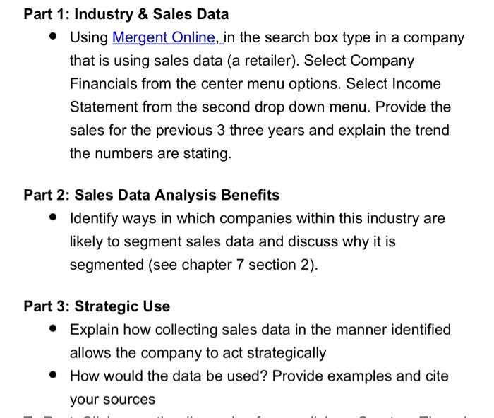  Part 1: Industry \& Sales Data - Using Mergent Online, in