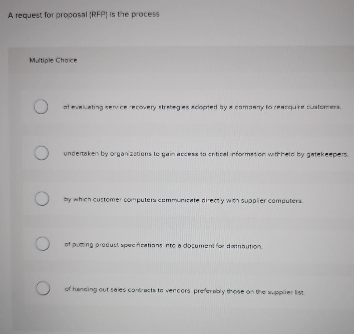  A request for proposal (RFP) is the process Multiple Choice of