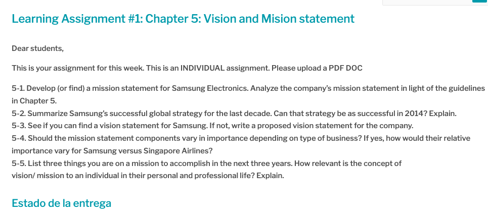 5-1. Develop (or find) a mission statement for Samsung Electronics. Analyze the