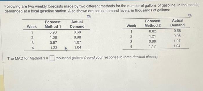 the MAD for method 1= ?the MAD for method 2= ? fill