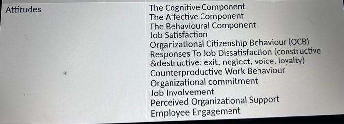  Attitudes The Cognitive Component The Affective Component The Behavioural Component Job