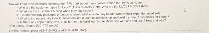  How will Lego practice mass customization? To think about mass customization