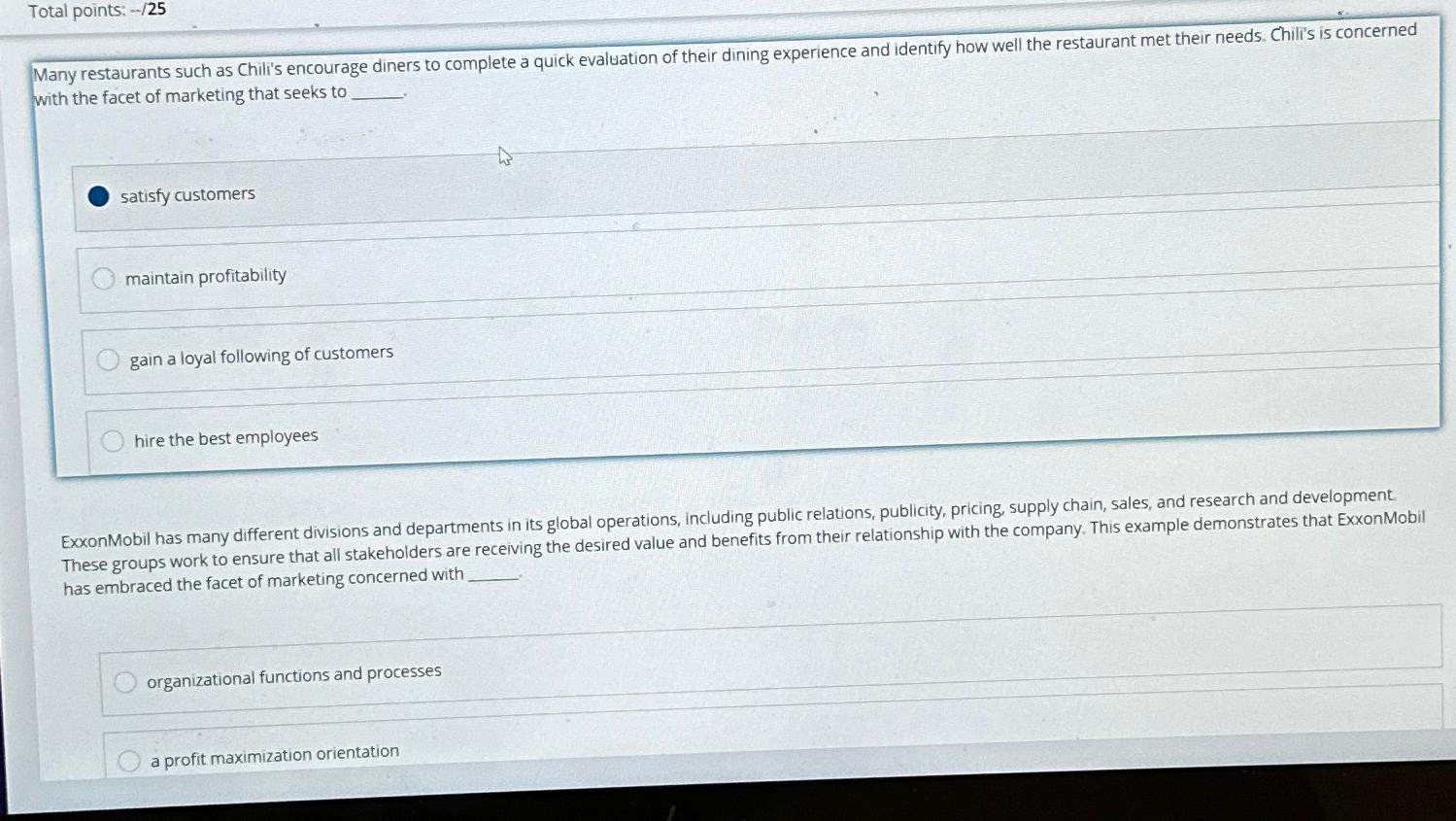  Total points: -25 Many restaurants such as Chili's encourage diners to