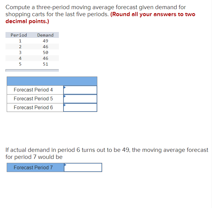  Compute a three-period moving average forecast given demand for shopping carts