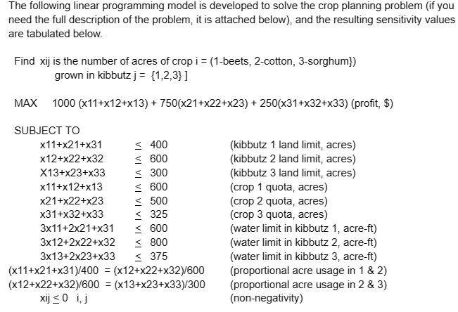  The following linear programming model is developed to solve the crop