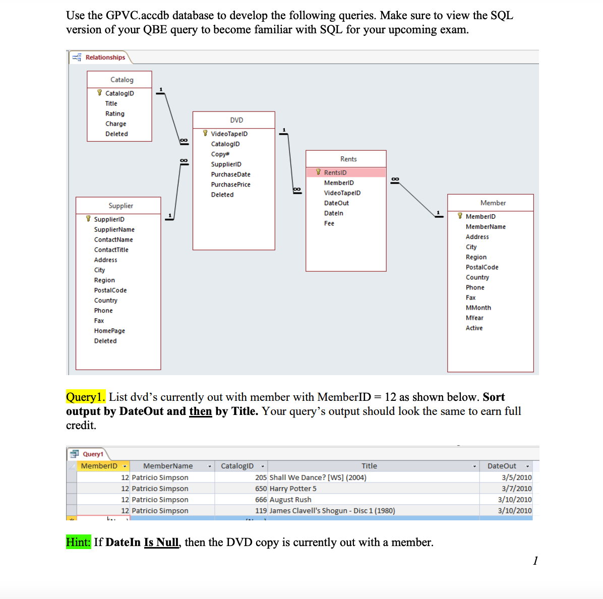 Use the GPVC.accdb database to develop the following queries. Make sure