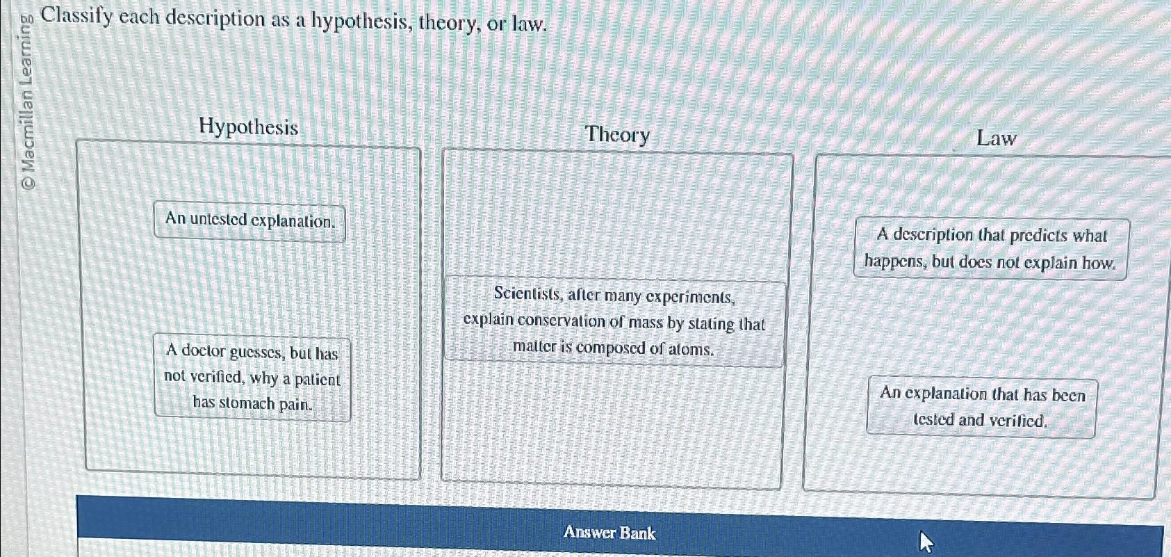  Classify each description as a hypothesis, theory, or law. Hypothesis Law