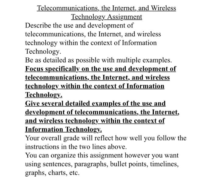  Telecommunications, the Internet, and Wireless Technology Assignment Describe the use and