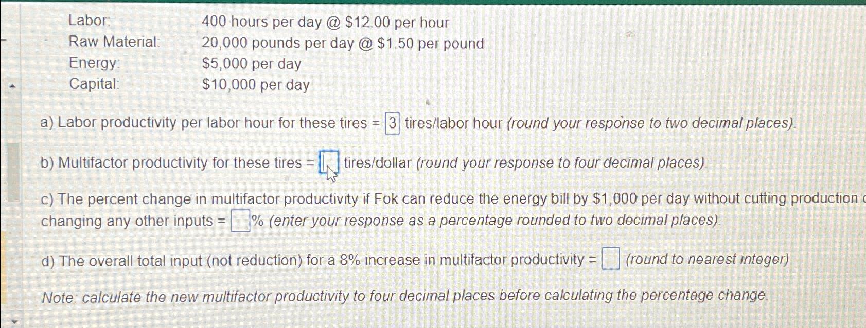  Labor: 400 hours per day @ $12.00 per hour Raw Material: