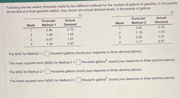  Following are two weekly forecasts made by two different methods for