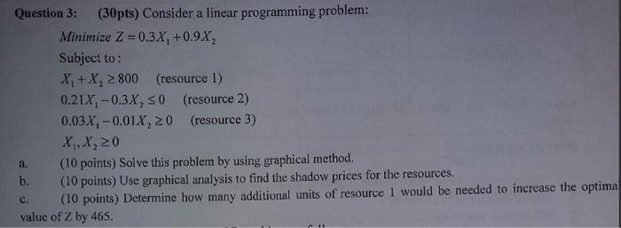  Question 3: (30pts) Consider a linear programming problem: Minimize Z=0.3X1+0.9X2 Subject