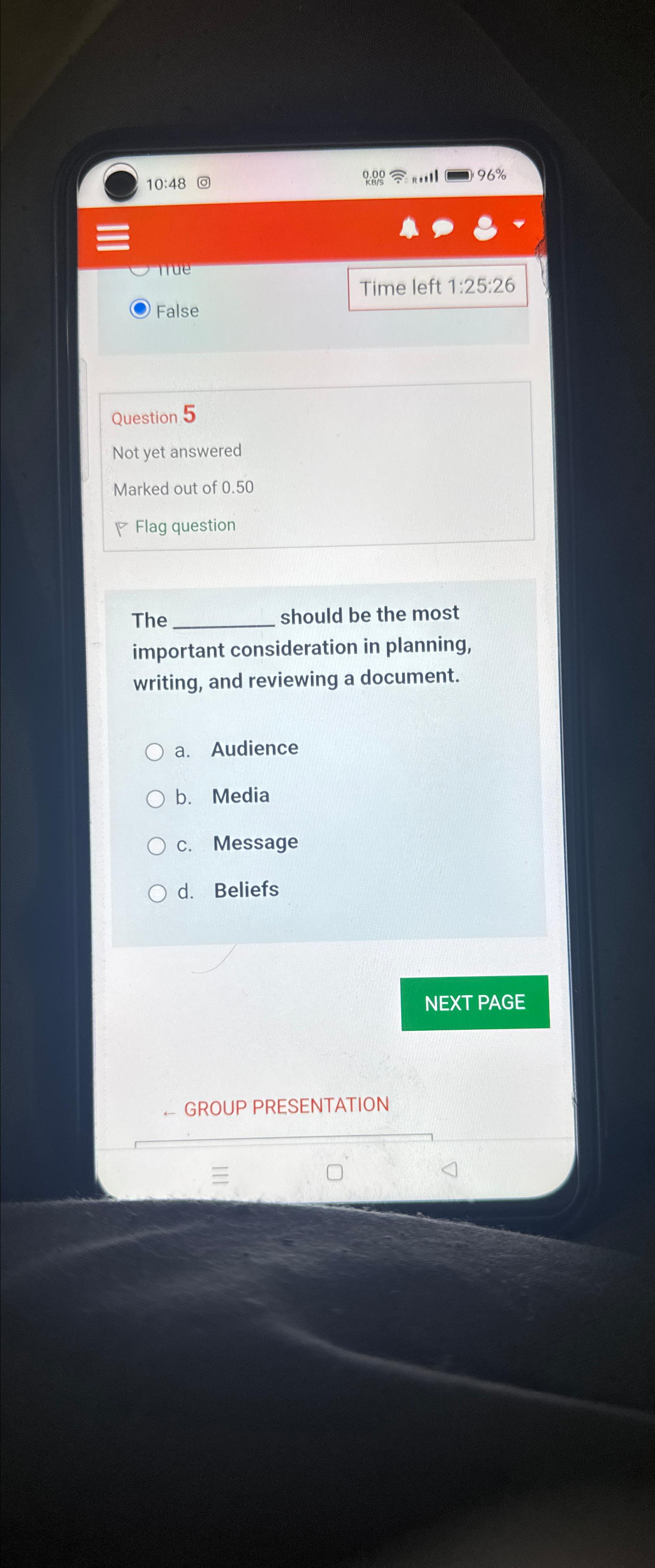  10:48 ?KBS0.00obrace(R)=III96% Time left 1:25:26 False Question 5 Not yet answered
