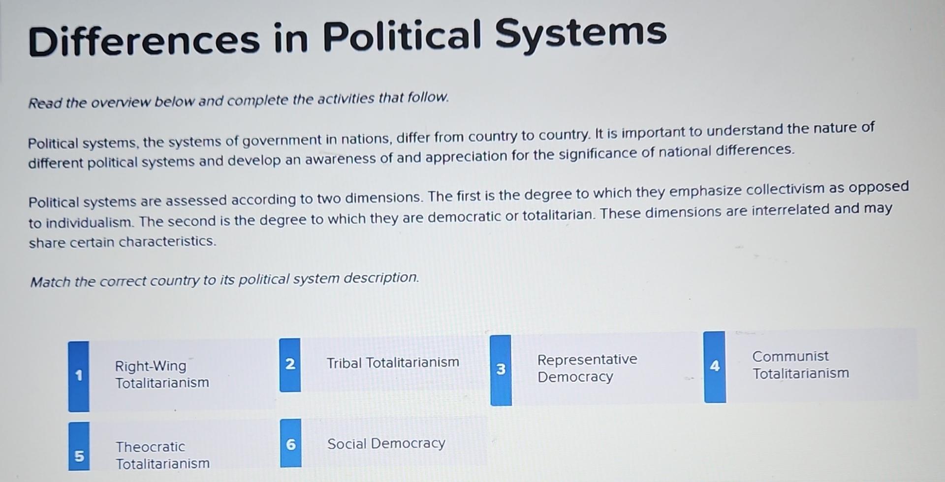  Differences in Political Systems Read the overview below and complete the