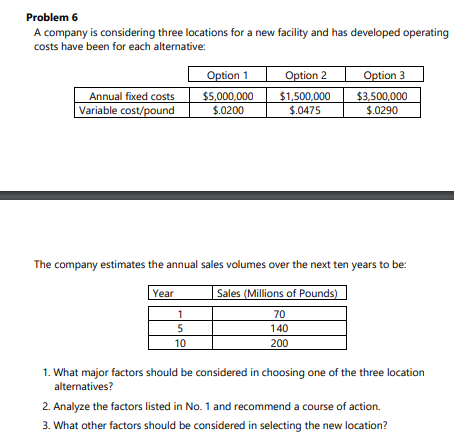 PLEASE ANSWER THE QUESTION BELOW Problem 6 A company is considering three