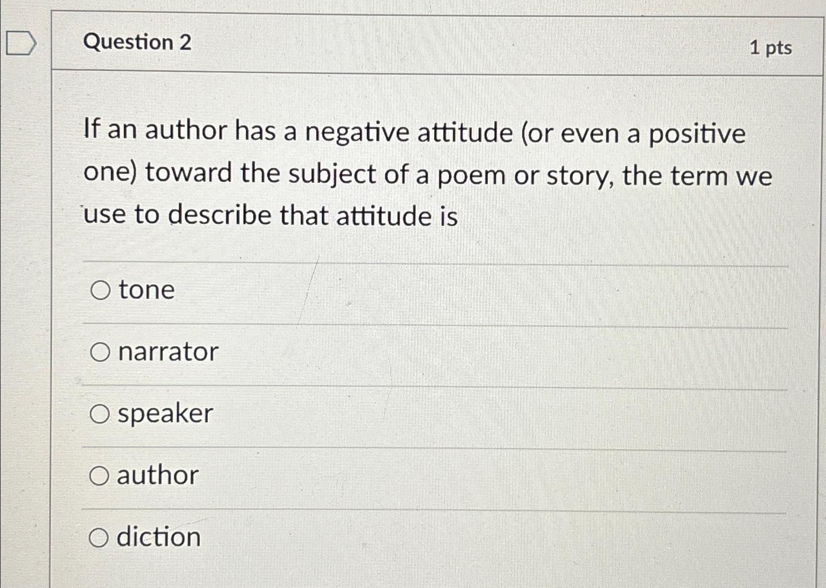  Question 2 1 pts If an author has a negative attitude
