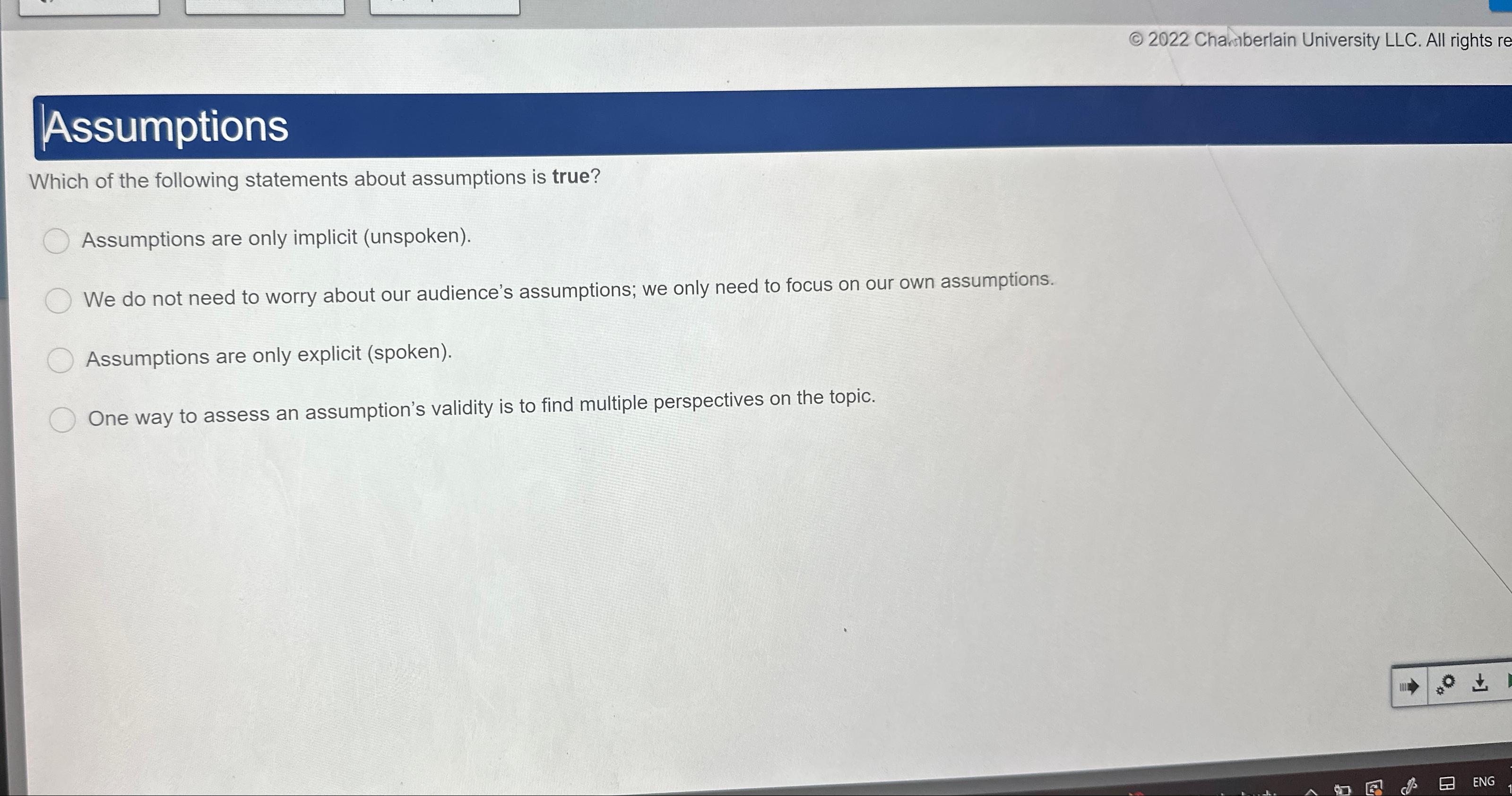  (c)2022 Chansberlain University LLC. All rights re Assumptions Which of the