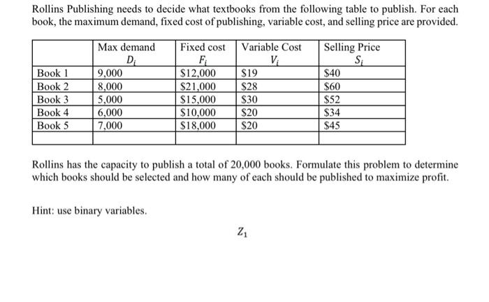 Use Binary Variables please Rollins Publishing needs to decide what textbooks from