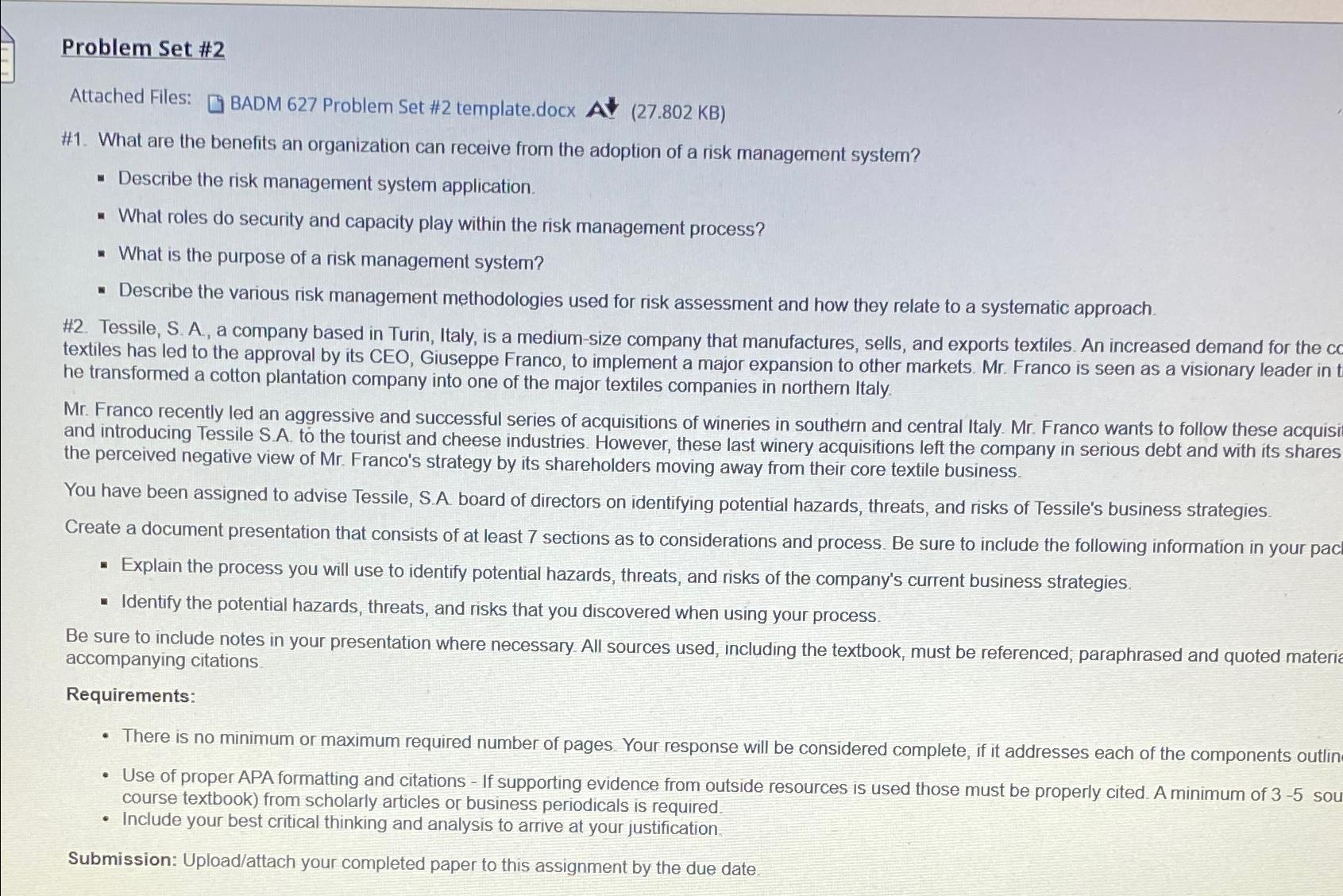  Problem Set #2 Attached Files: BADM 627 Problem Set #2 template.docx