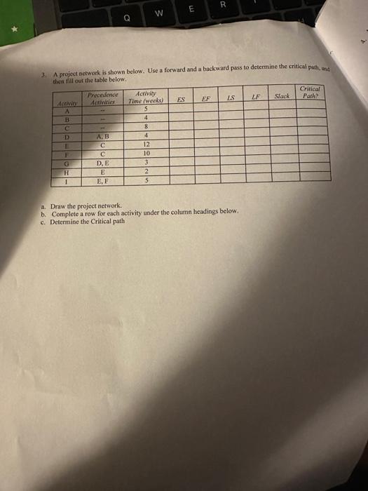  3. A project netwoek is shown below. Use a forward and