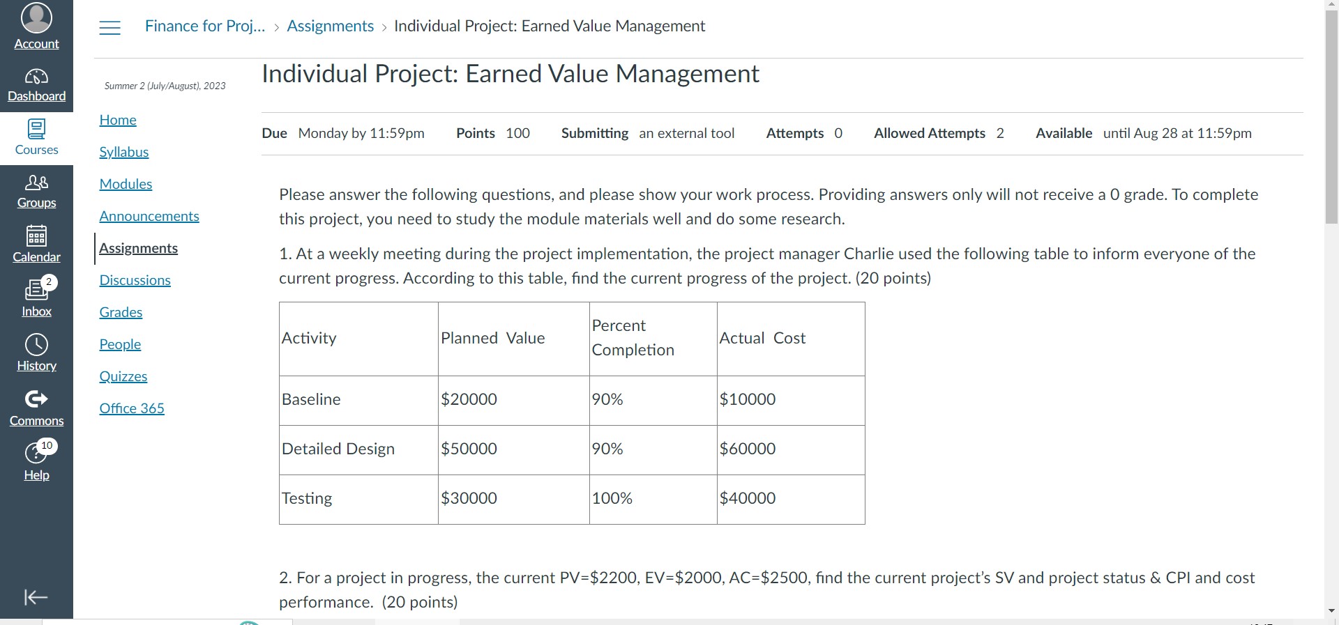 Individual Project: Earned Value Management Please answer the following questions, and