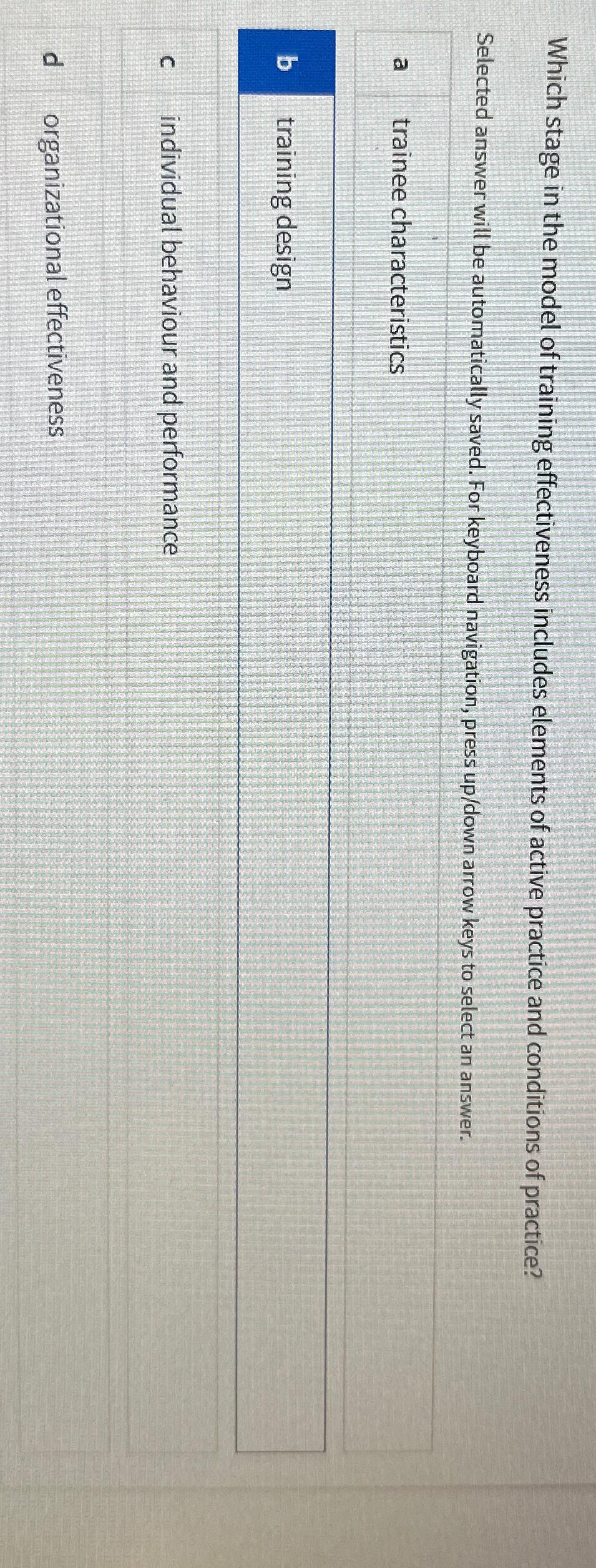  Which stage in the model of training effectiveness includes elements of