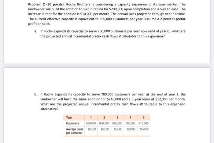  Problem 2 ( 30 points): Roche Brothers is considering a capacity