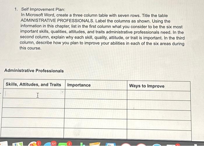  1. Self Improvement Plan: In Microsoft Word, create a three column