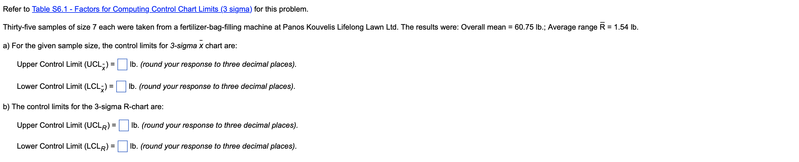  Refer to Table S6.1 - Factors for Computing Control Chart Limits
