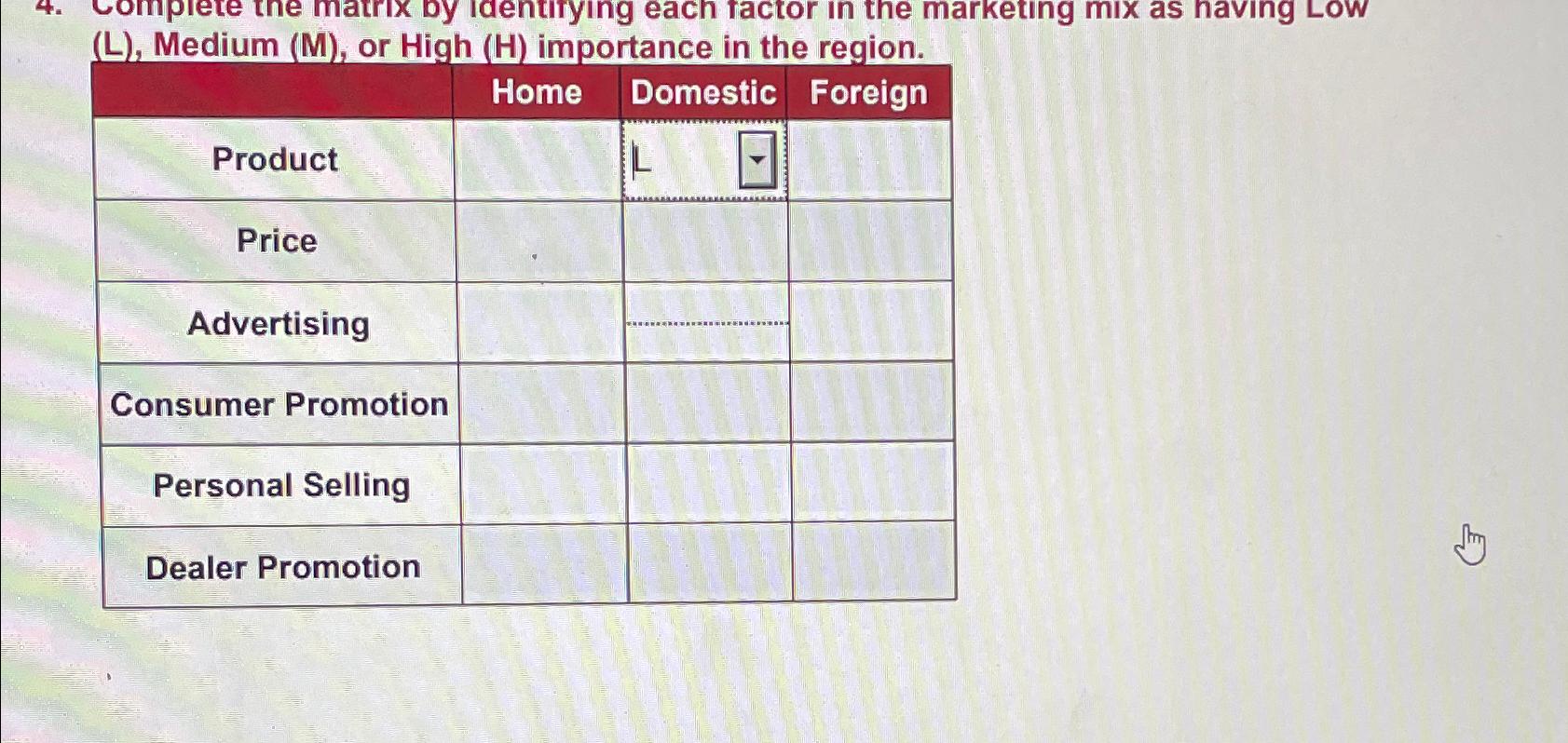  (L), Medium (M), or High (H) importance in the region. \table[[,Home,Domestic,Foreign],[Product,,\table[[L,grad