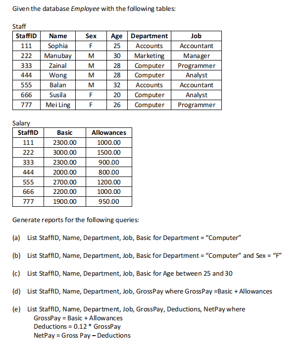 Given the database Employee with the following tables: Generate reports for