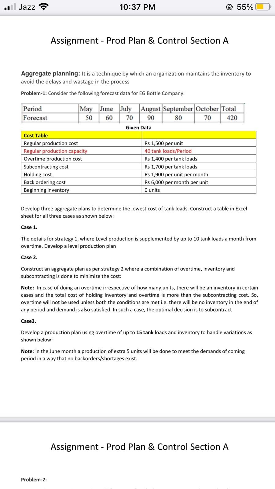  Assignment - Prod Plan \& Control Section A Aggregate planning: It