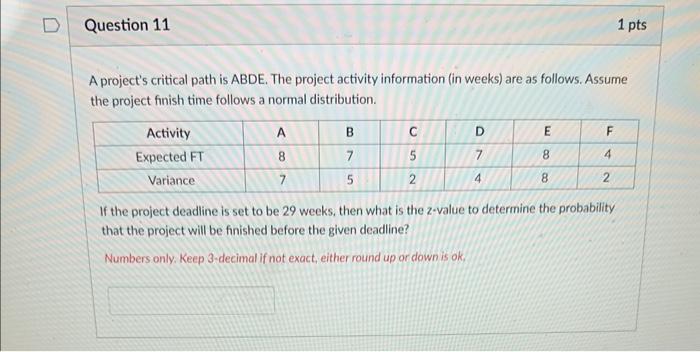  A project's critical path is ABDE. The project activity information (in