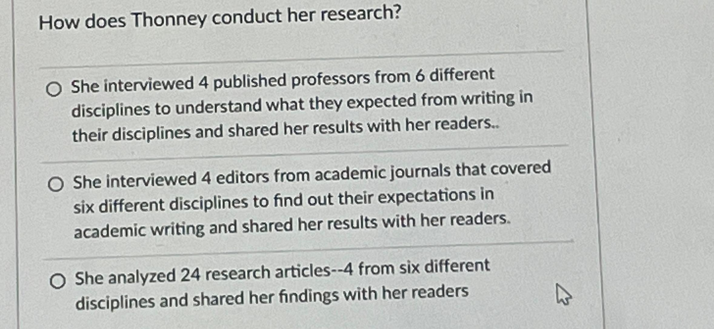  How does Thonney conduct her research? She interviewed 4 published professors