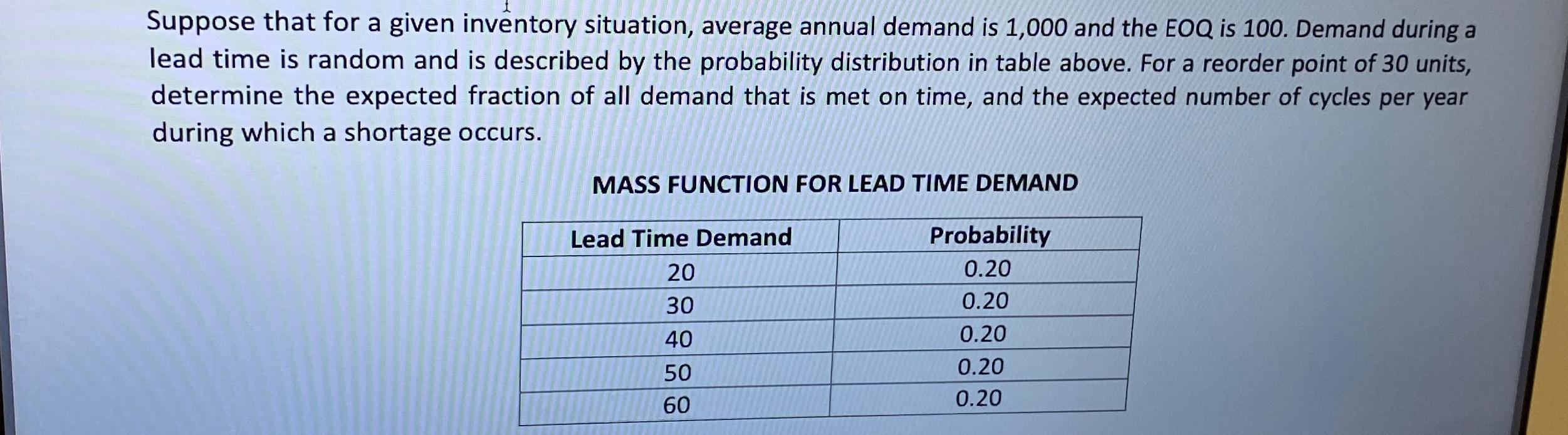  Suppose that for a given inventory situation, average annual demand is