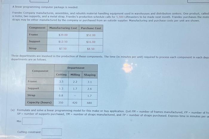  A linear programming computer package is needed. Frandec Company manufactures, assembles,