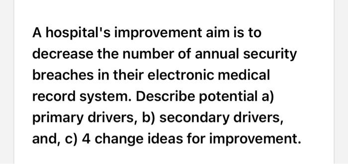  A hospital's improvement aim is to decrease the number of annual