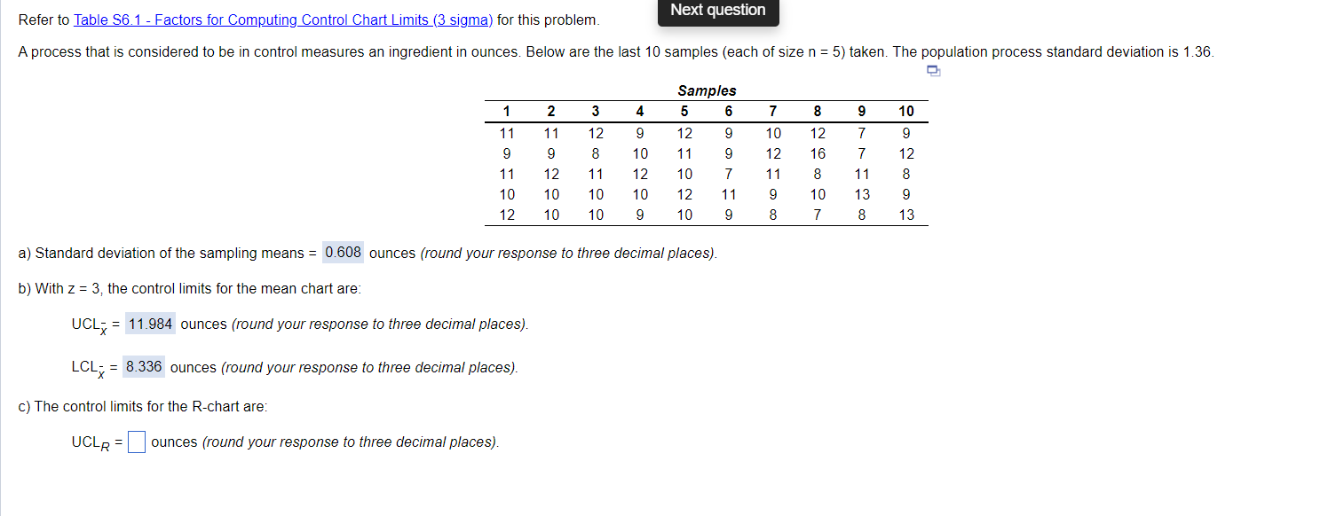 Refer to Table S6.1 - Factors for Computing Control Chart Limits