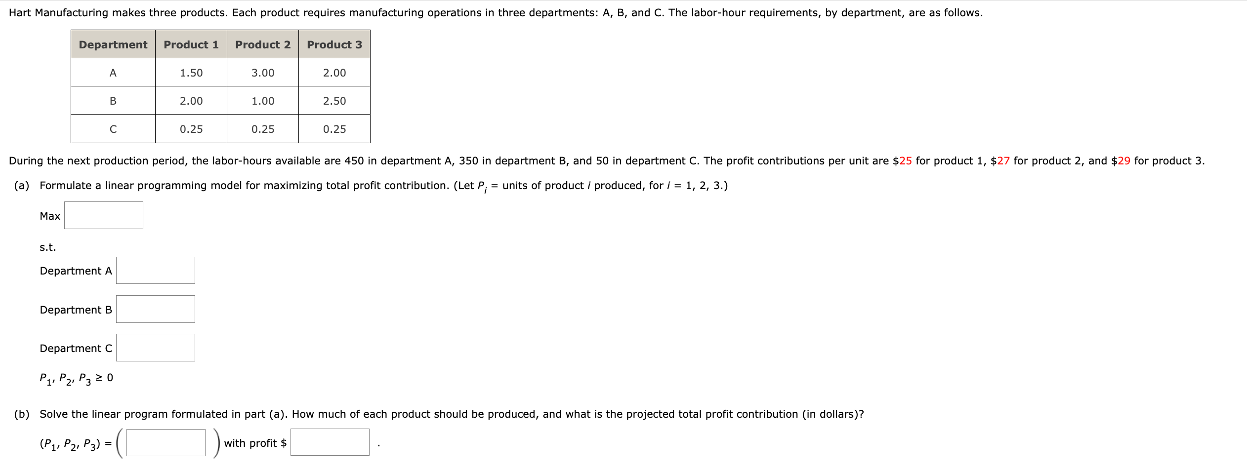  (a) Formulate a linear programming model for maximizing total profit contribution.