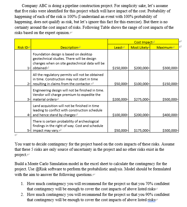  Company ABC is doing a pipeline construction project. For simplicity sake,