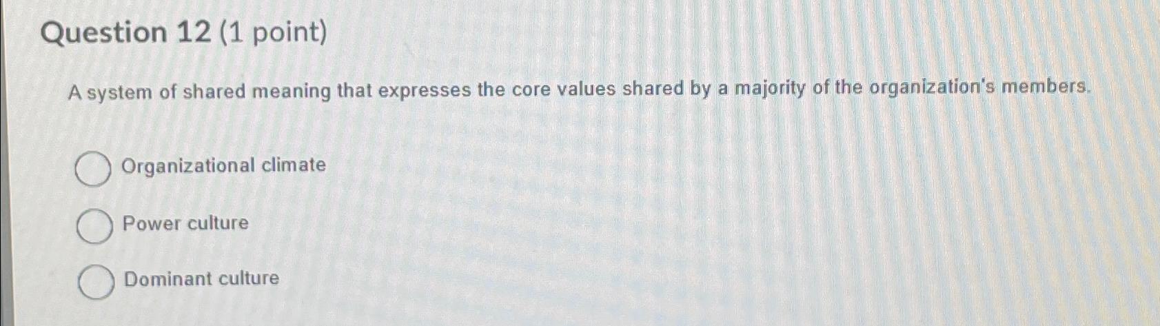  Question 12(1 point) A system of shared meaning that expresses the
