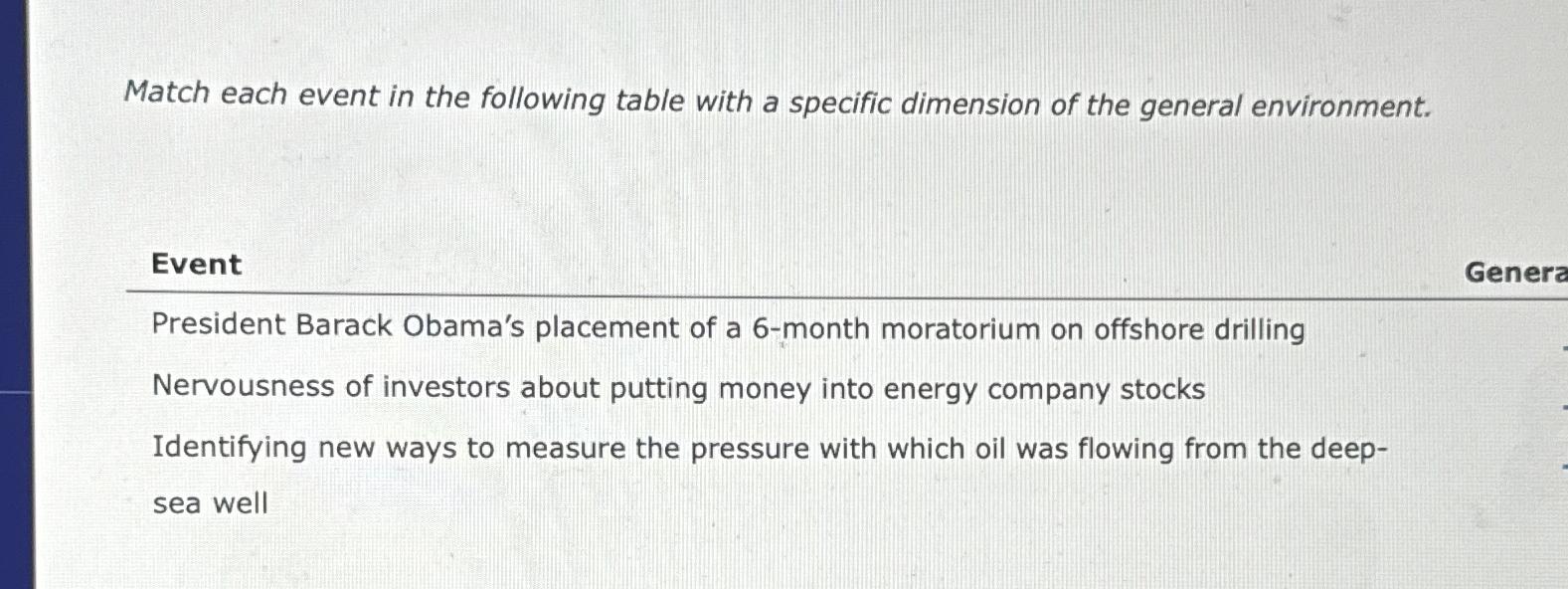  Match each event in the following table with a specific dimension